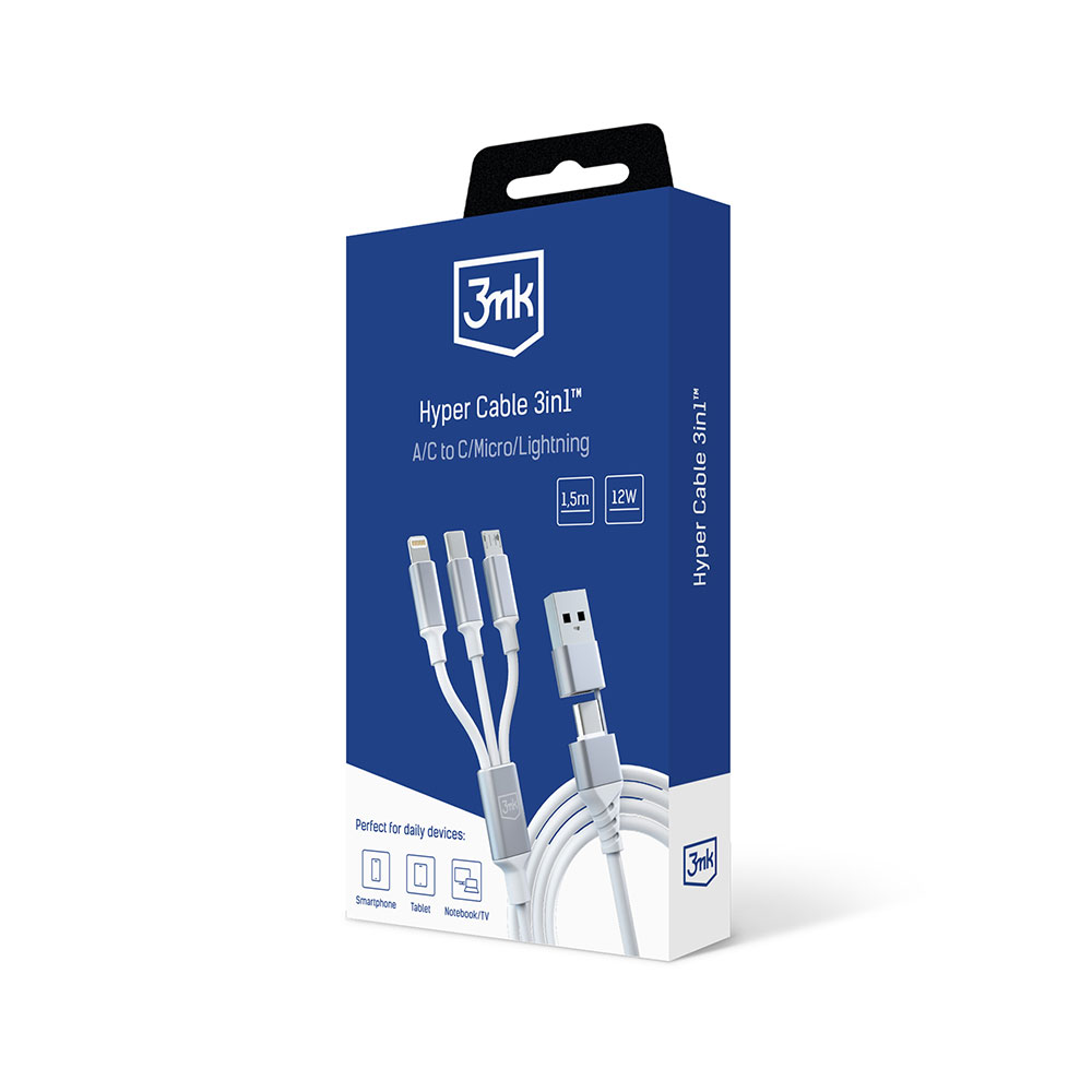 3mk kabel Hyper Cable 3in1 A/C to C/Micro/Lightning 1.5m White / 11