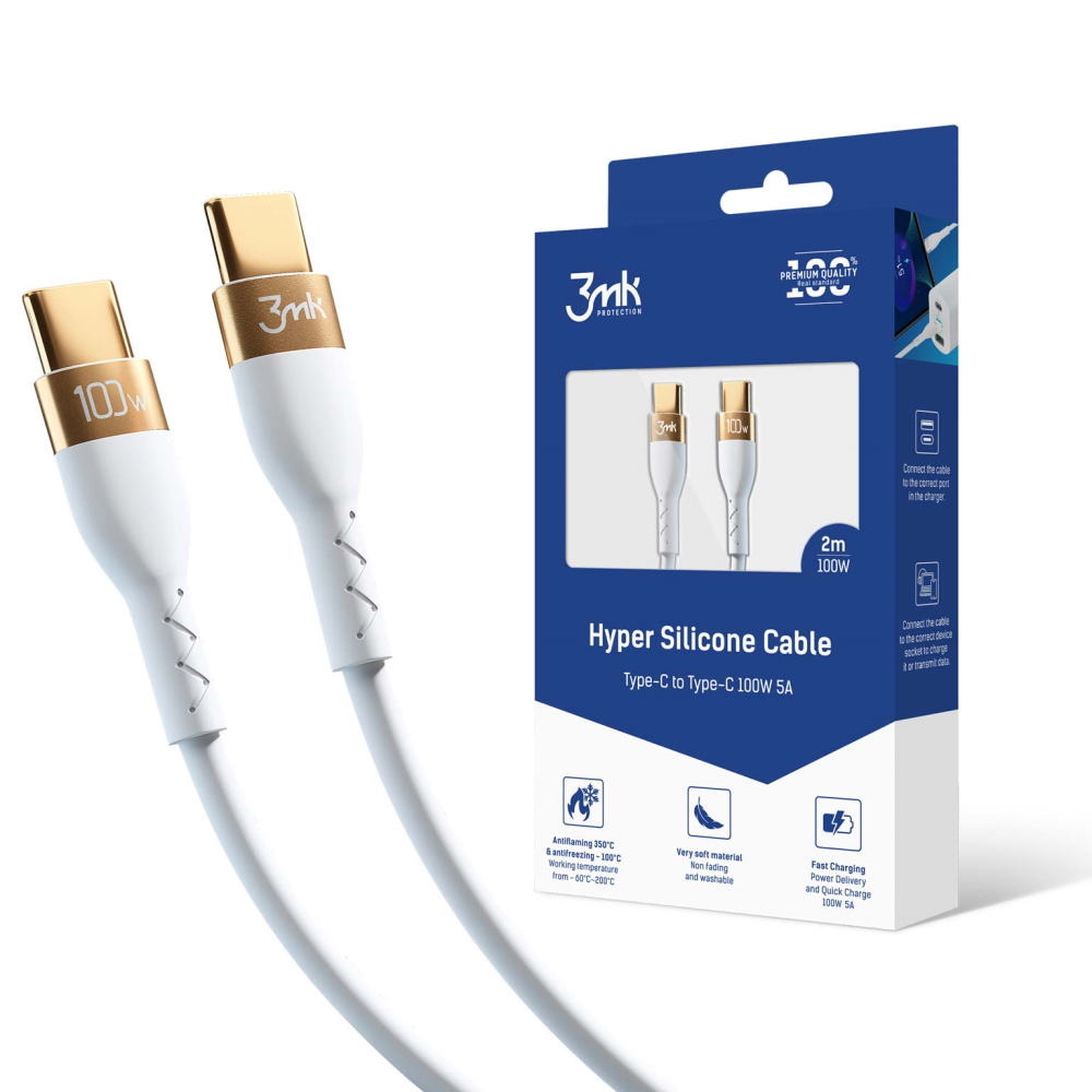 3mk kabel Hyper Silicone USB-C - USB-C 2m 100W bia�y
