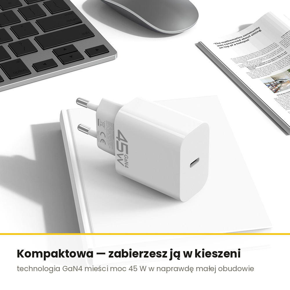 Szybka �adowarka sieciowa GaN4 45 W z kablem USB-C PD 3.0, PPS, QC 3.0, QC 4+, AFC, FCP bia�a Motorola Moto E22S / 6