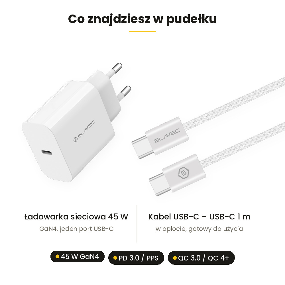 Szybka �adowarka sieciowa GaN4 45 W z kablem USB-C PD 3.0, PPS, QC 3.0, QC 4+, AFC, FCP bia�a Motorola Moto E22S / 4
