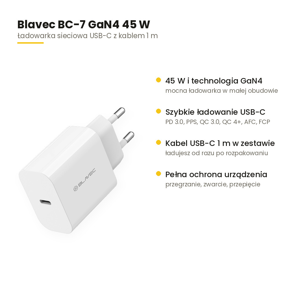 Szybka �adowarka sieciowa GaN4 45 W z kablem USB-C PD 3.0, PPS, QC 3.0, QC 4+, AFC, FCP bia�a Motorola Moto E22S / 3
