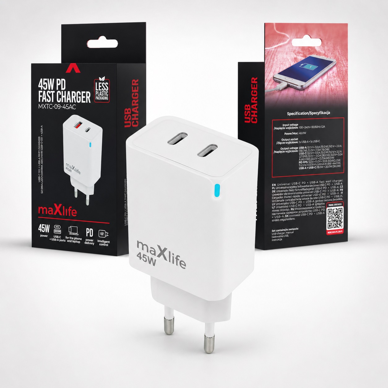 Szybka �adowarka Maxlife 45W GaN 2 porty USB-C bia�a Samsung Galaxy S25 Plus / 2