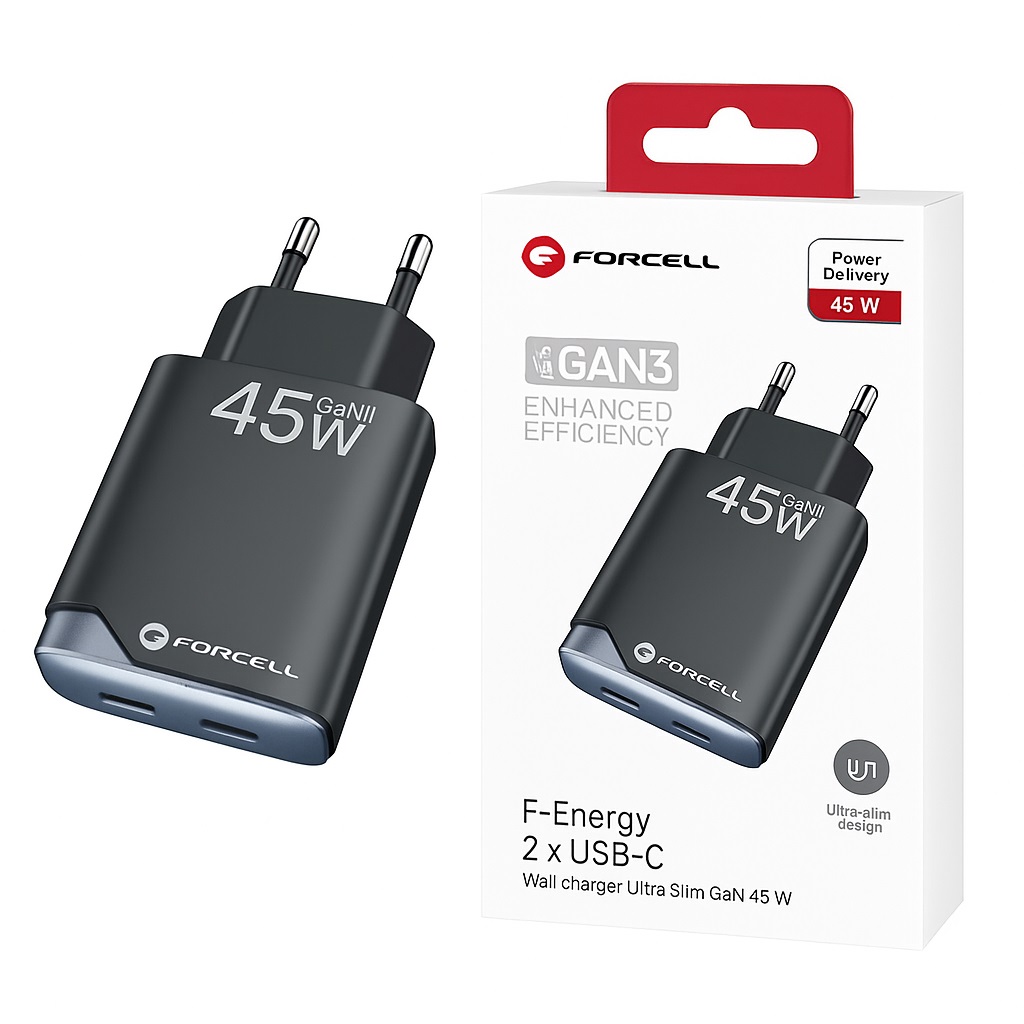 Szybka �adowarka ultra slim 45W Forcell 2 porty USB-C czarna Samsung Galaxy A04E / 2