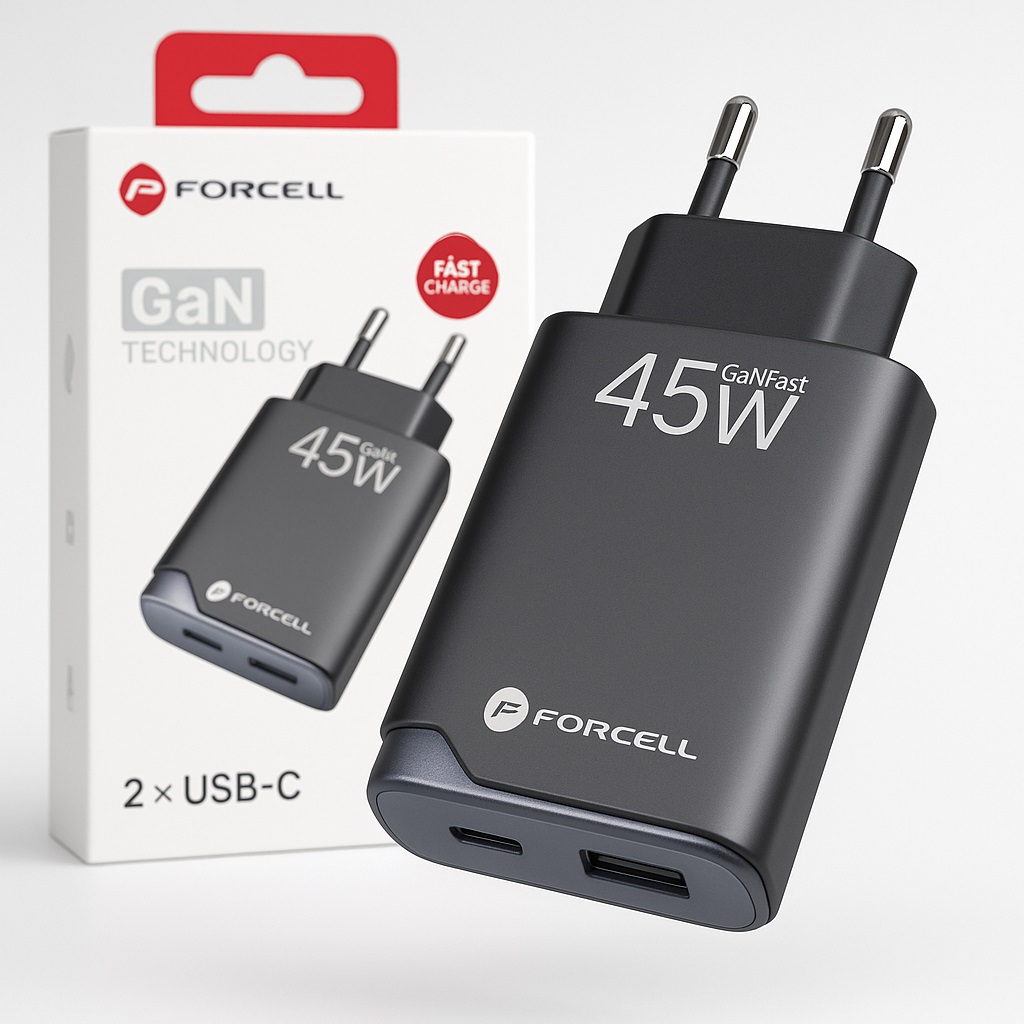 Szybka �adowarka ultra slim 45W Forcell 2 porty USB-C czarna Samsung Galaxy A04E