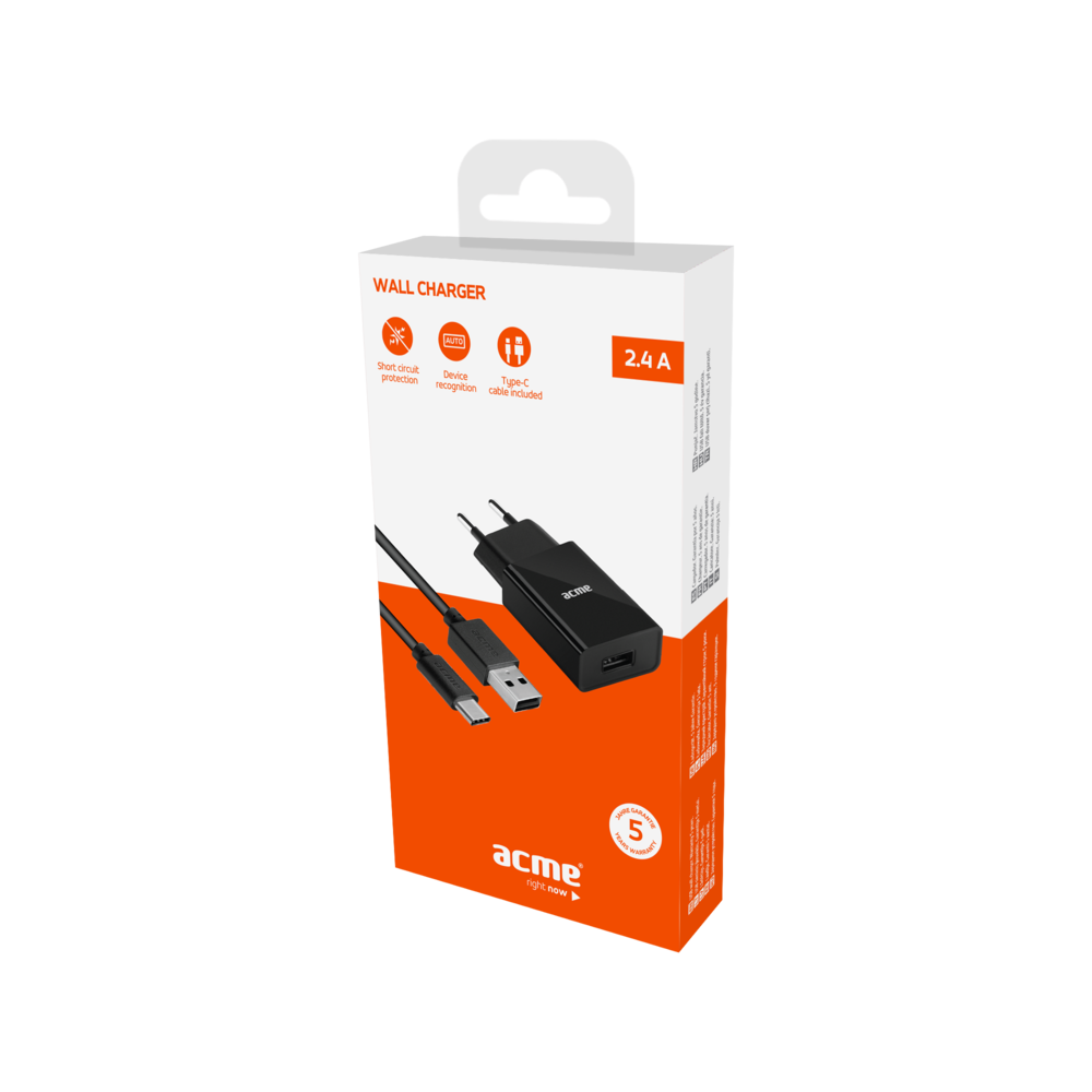 Acme Europe �adowarka sieciowa CH212 Type-C, 1xUSB (2,4 A) czarna / 6