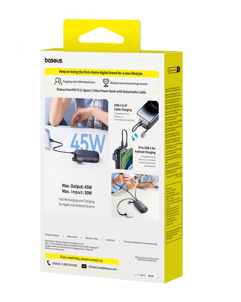 Baseus EnerFill FC21 Qpow 3 Ultra Power Bank z Wy�wietlaczem Cyfrowym i Od��czanym Kablem 45W 10000mAh Czarny / 5