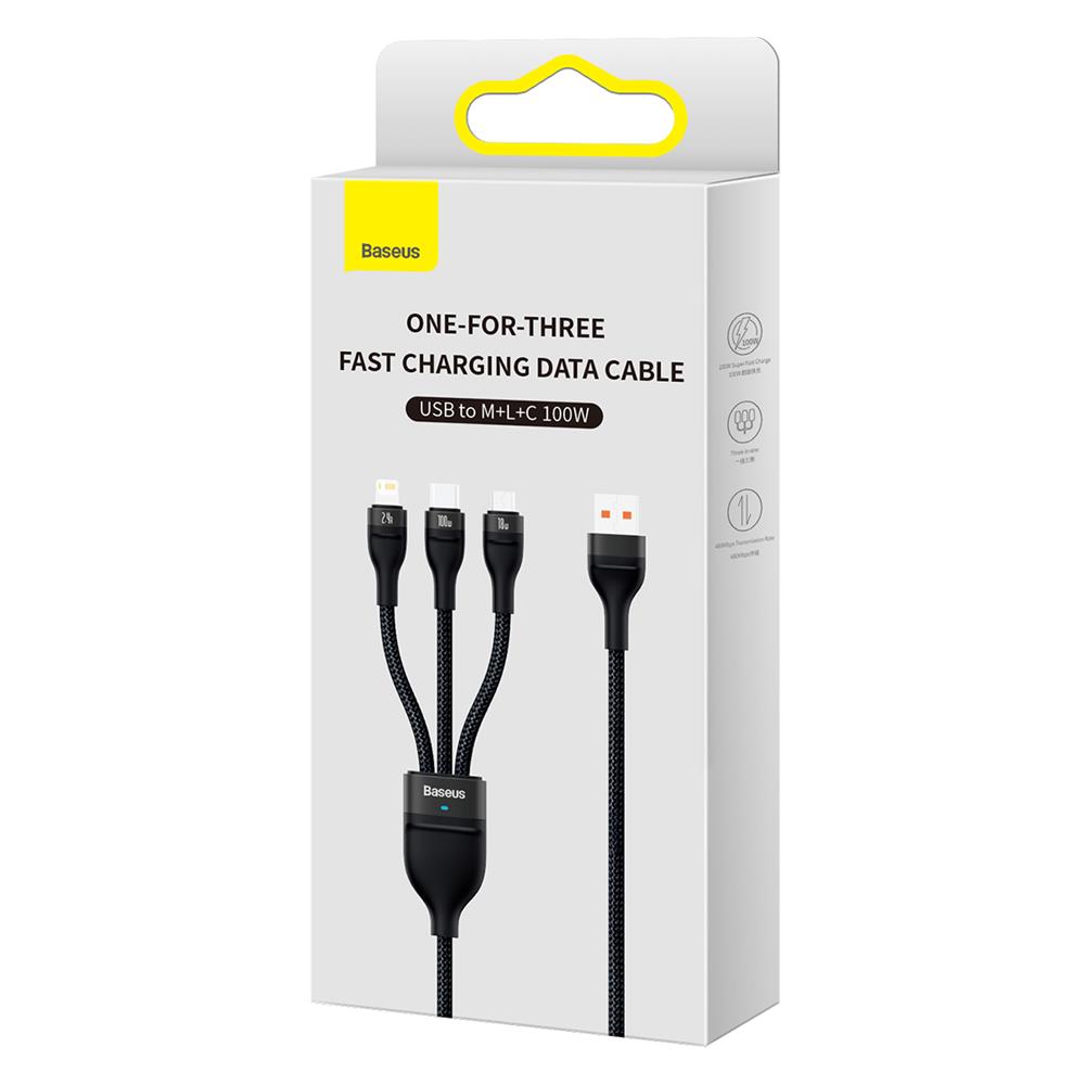 Baseus kabel 3w1 Flash II USB + USB-C - Lightning + USB-C + microUSB 1,5 m 3,5A czarny 100W / 8