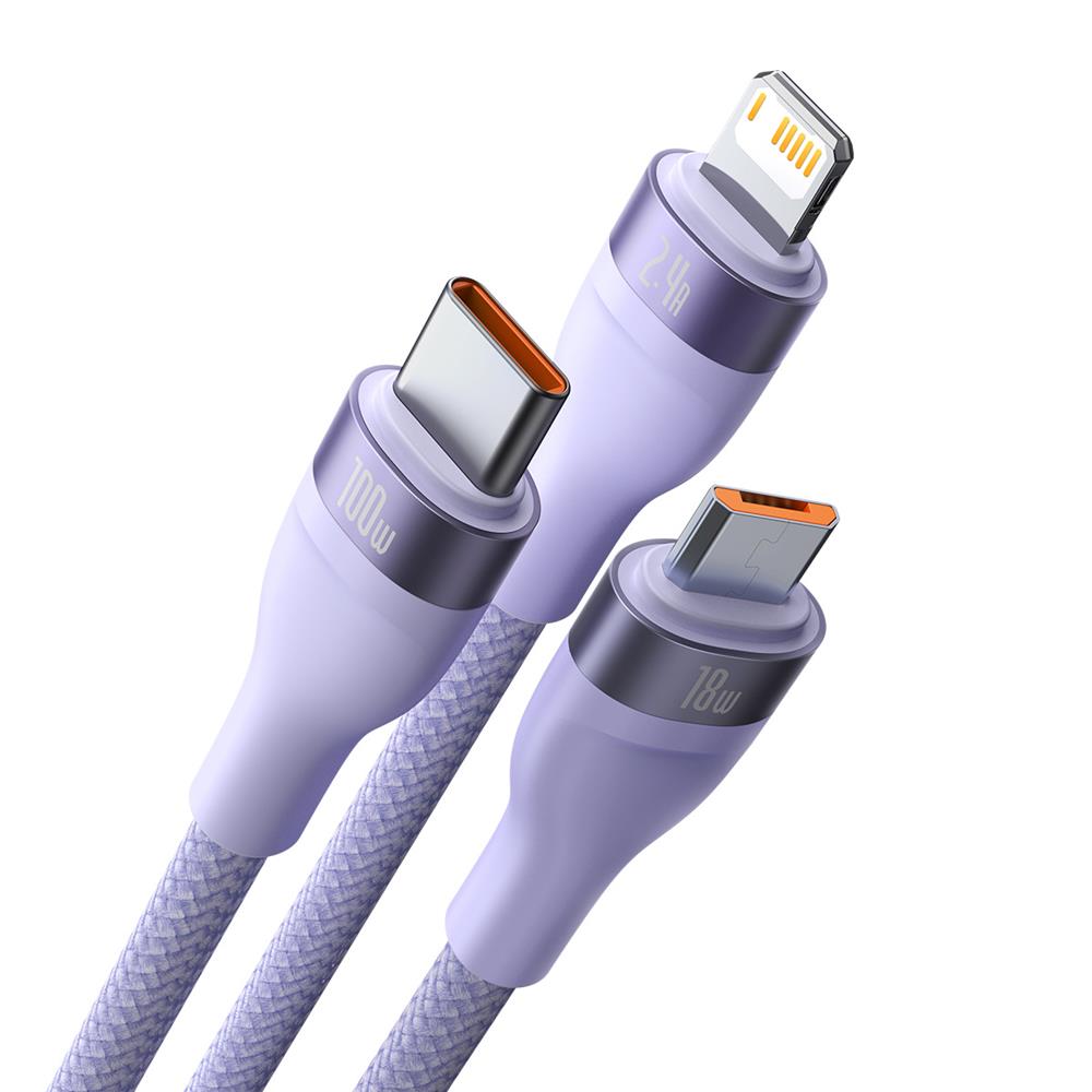 Baseus kabel 3w1 Flash II USB + USB-C - Lightning + USB-C + microUSB 1,5 m 3,5A fioletowy 100W / 2