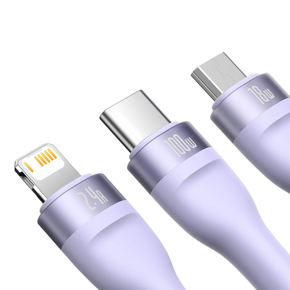 Baseus kabel 3w1 Flash II USB + USB-C - Lightning + USB-C + microUSB 1,5 m 3,5A fioletowy 100W / 3