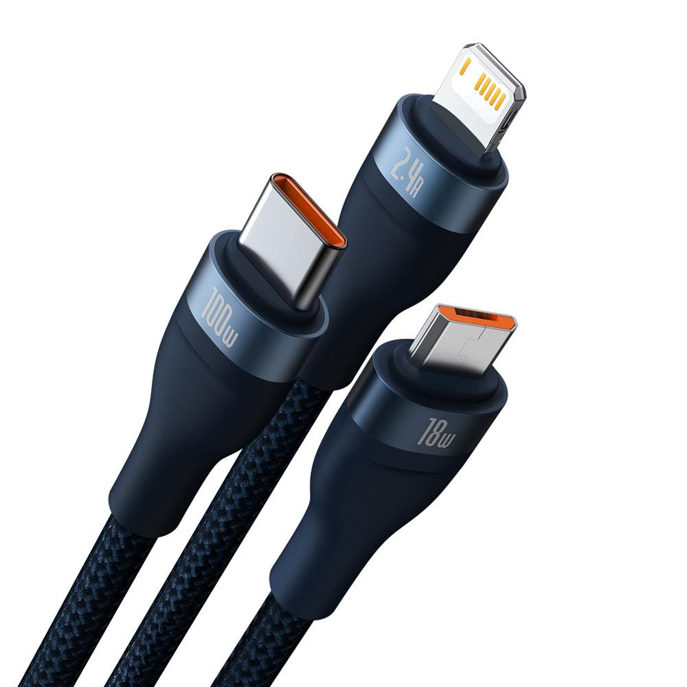 Baseus kabel 3w1 Flash II USB + USB-C - Lightning + USB-C + microUSB 1,5 m 3,5A niebieski 100W / 2