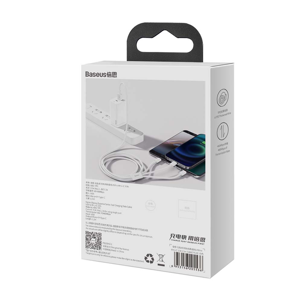 Baseus kabel 3w1 Superior USB - Lightning + USB-C + microUSB 1,5 m 3,5A bia�y / 7