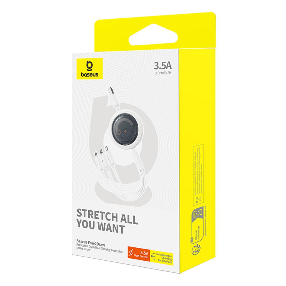 Baseus kabel Free2Draw Retractable Crystal Fast Charging Data Cable USB to M+L+C 100W 1.1m bia�y / 6