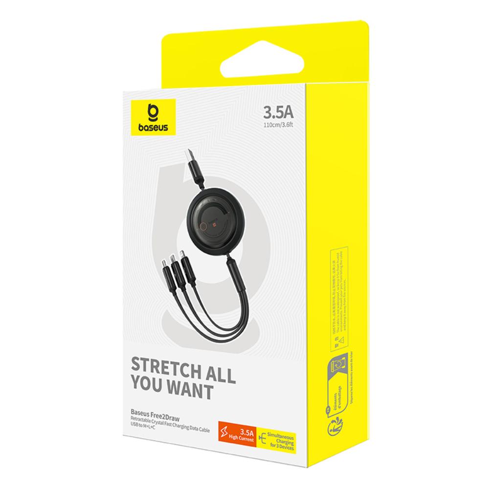 Baseus kabel Free2Draw Retractable Crystal Fast Charging Data Cable USB to M+L+C 100W 1.1m Cluster czarny / 6