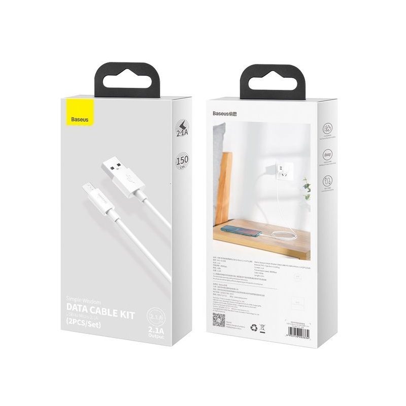Baseus kabel Simple Wisdom USB - microUSB 1,5 m 2,1A bia�y 2 szt / 4