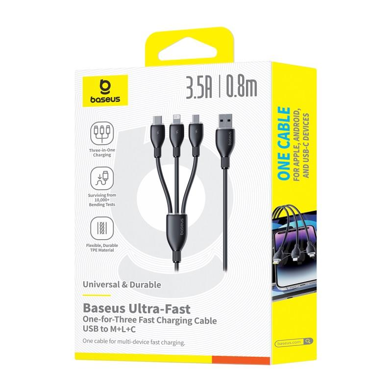 Baseus Kabel ultra-szybkiego �adowania One-for-Three USB-A do M+L+C 3.5A 0.8m Czarny / 6