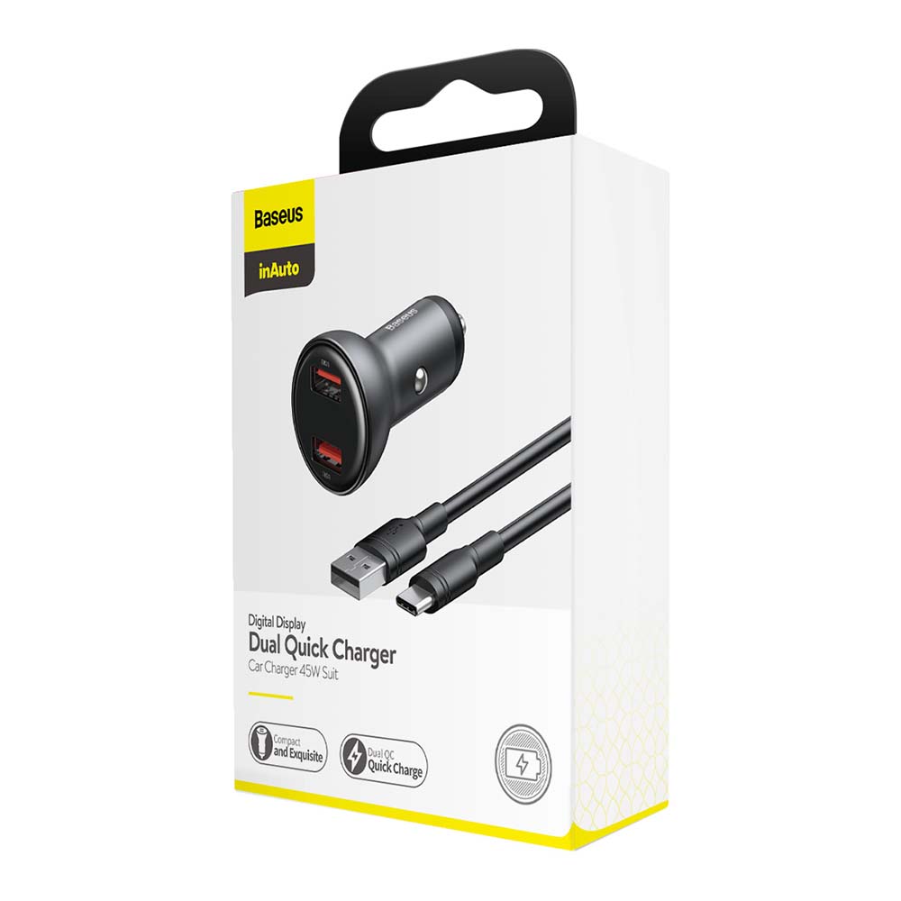 Baseus �adowarka samochodowa Digital Display QC 3.0 45W 2x USB szara + kabel USB - USB-C 1m 5A / 7