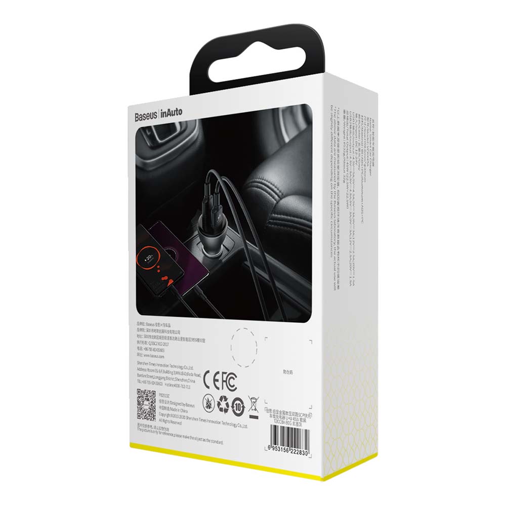 Baseus �adowarka samochodowa Digital Display QC 3.0 45W 2x USB szara + kabel USB - USB-C 1m 5A / 8