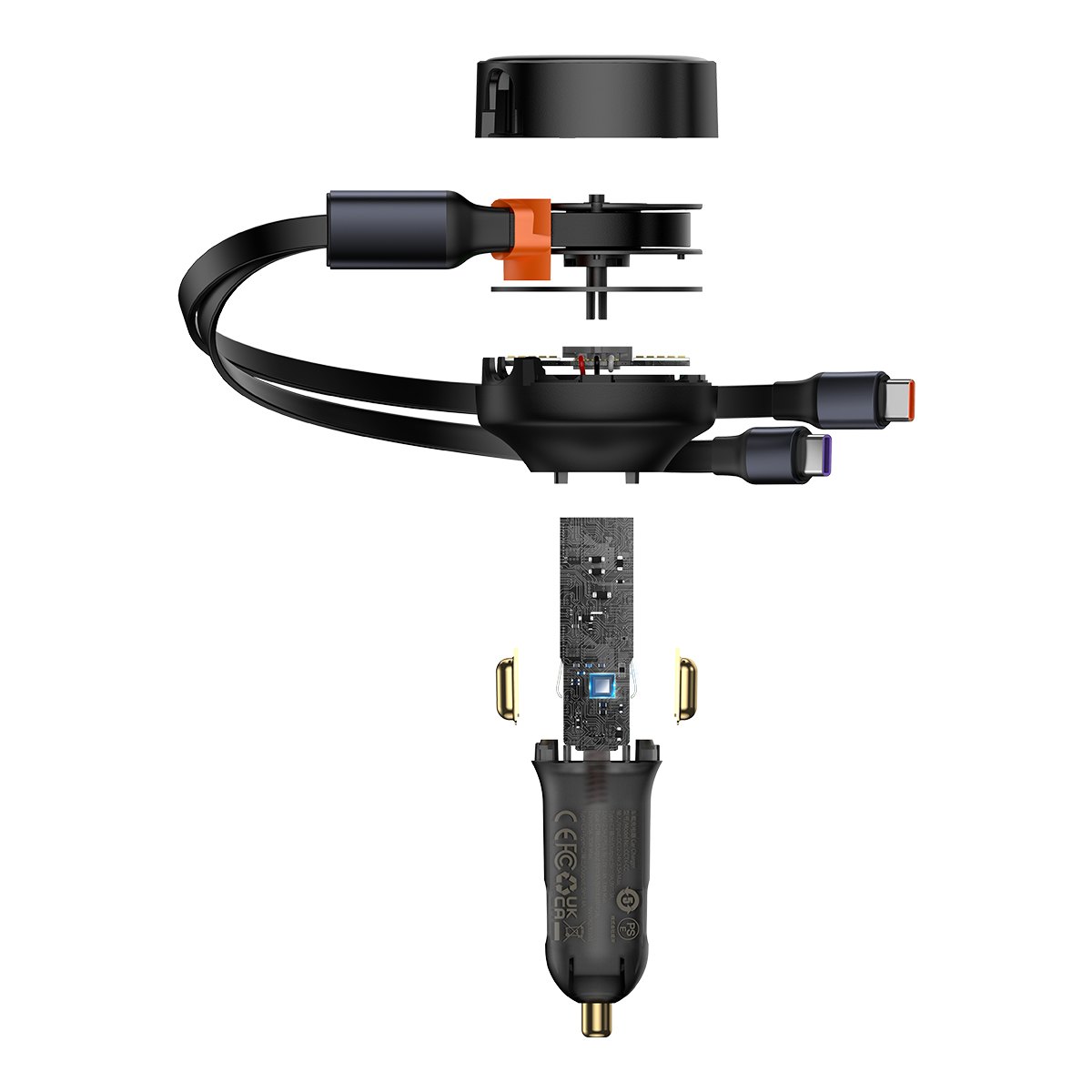 Baseus �adowarka samochodowa Enjoyment Retractable 2w1 30W czarna z kablem 2x USB-C / 6