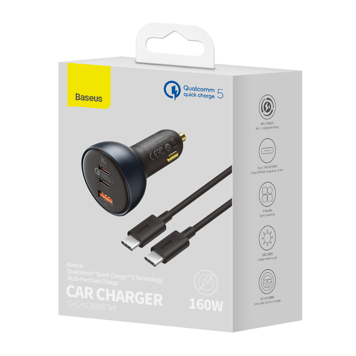 Baseus �adowarka samochodowa QC 5 PD 160W 1x USB 2x USB-C czarna + kabel USB-C - USB-C / 8