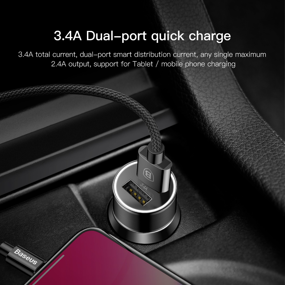 Baseus �adowarka samochodowa Small Screw z kablem 8-pin czarna 3.4A / 5