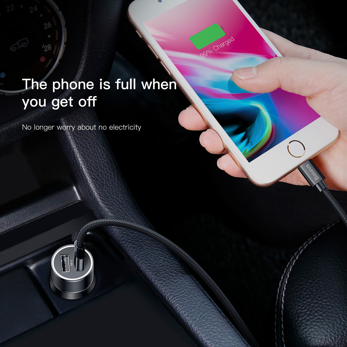 Baseus �adowarka samochodowa Small Screw z kablem 8-pin czarna 3.4A / 7