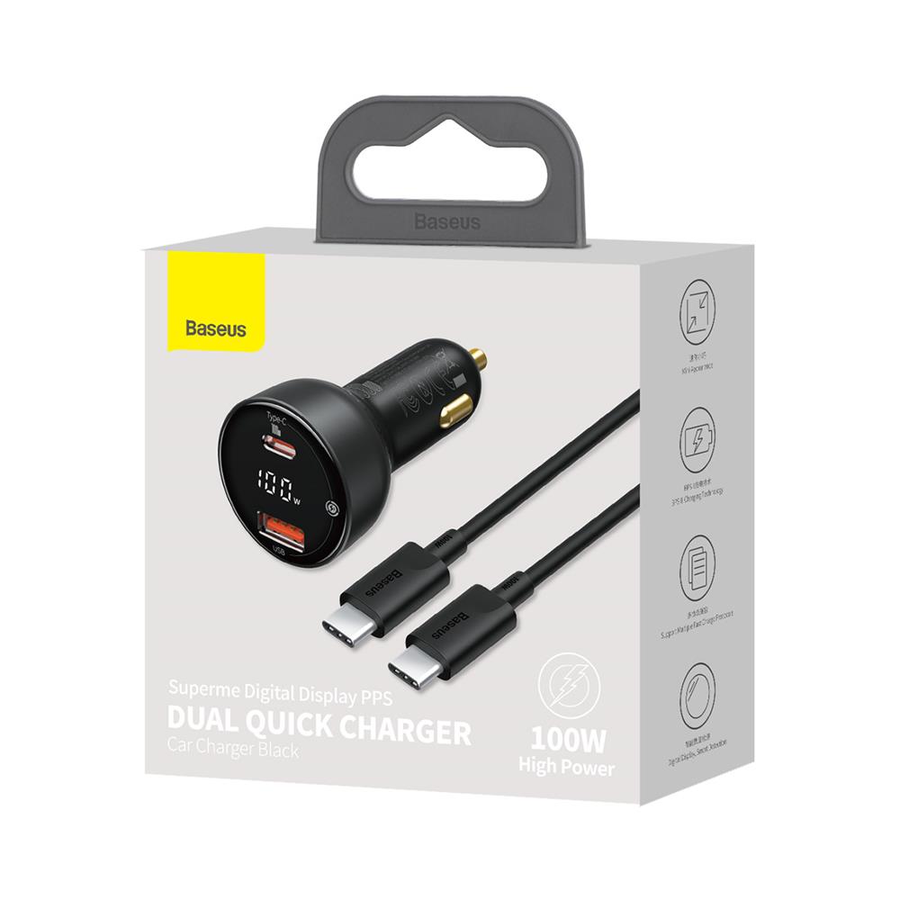 Baseus �adowarka samochodowa Superme PD 100W 1x USB 1x USB-C czarna + kabel USB-C - USB-C / 8