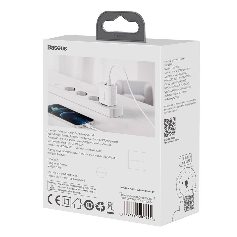 Baseus �adowarka sieciowa Compact PD 20W 1x USB-C 1x USB bia�a / 6