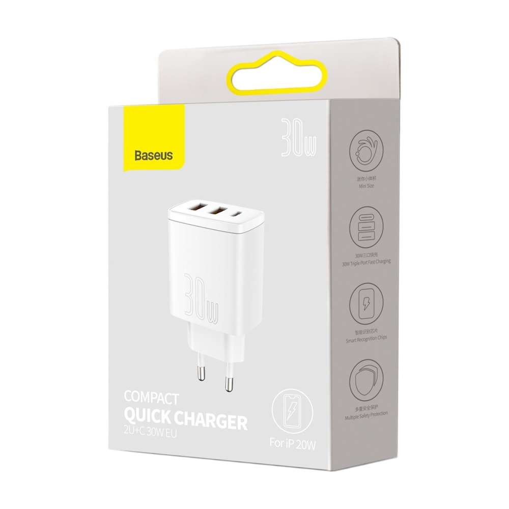 Baseus �adowarka sieciowa Compact PD 30W 1x USB-C 2x USB bia�a / 8