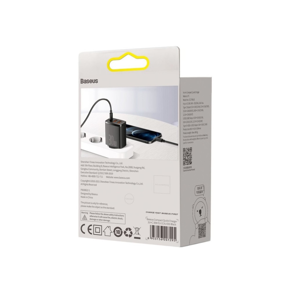 Baseus �adowarka sieciowa Compact PD 30W 1x USB-C 2x USB czarna / 5