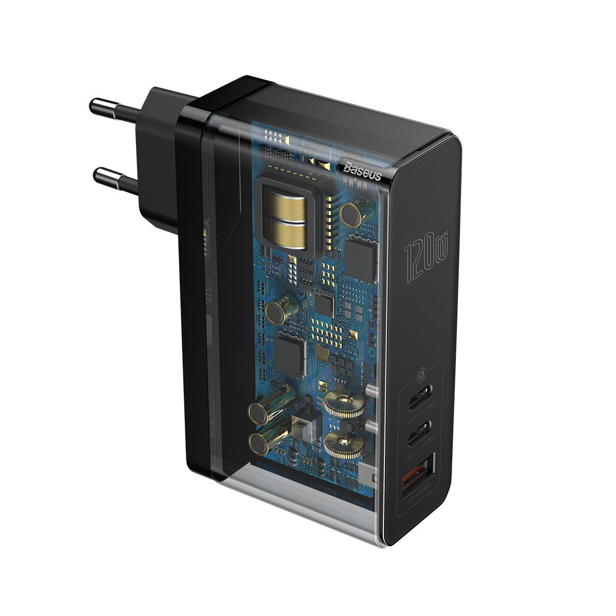 Baseus adowarka sieciowa GaN2 Mini 3USB USB-A/ 2xPD USB-C 120W czarna z kablem USB-C - USB-C 100W / 4