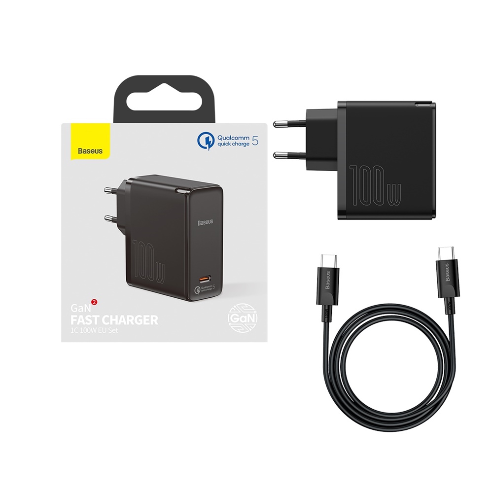 Baseus �adowarka sieciowa GaN2 PD 100W 1x USB-C czarna + kabel USB-C - USB-C / 6