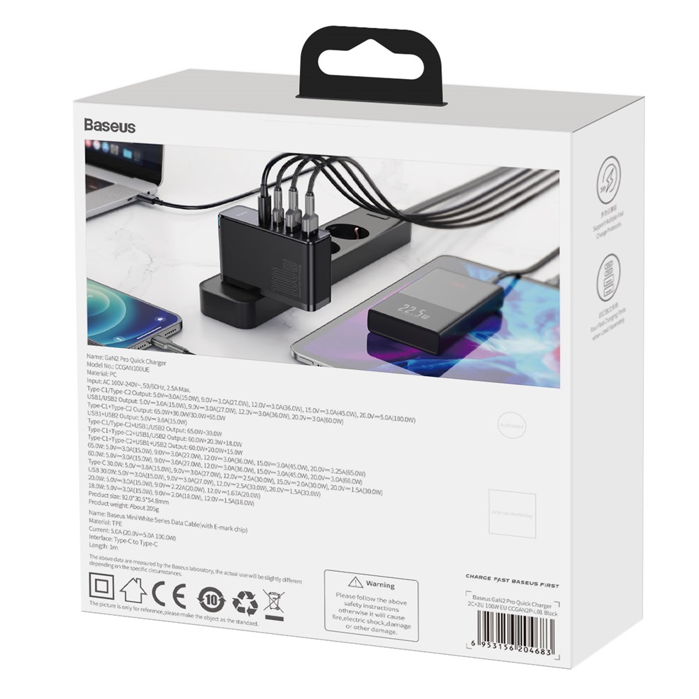 Baseus adowarka sieciowa GaN2 Pro PD 100W 2x USB-C 2x USB czarna / 7