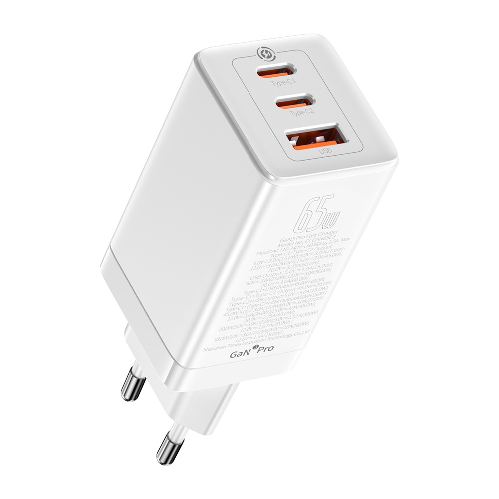 Baseus �adowarka sieciowa GaN3 Pro PD 65W 2x USB-C 1x USB bia�a + kabel USB-C - USB-C / 5