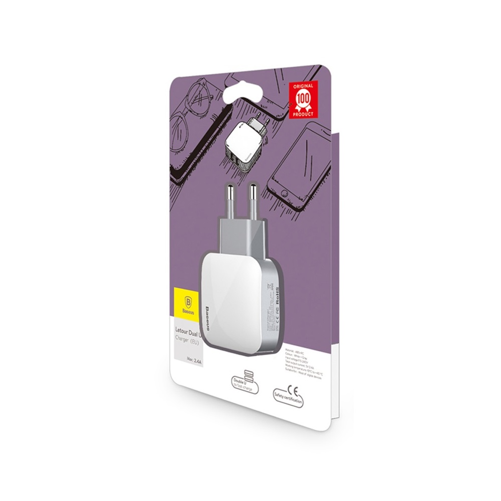 Baseus �adowarka sieciowa Letour 2 x USB bia�o-szara  2.4A / 5