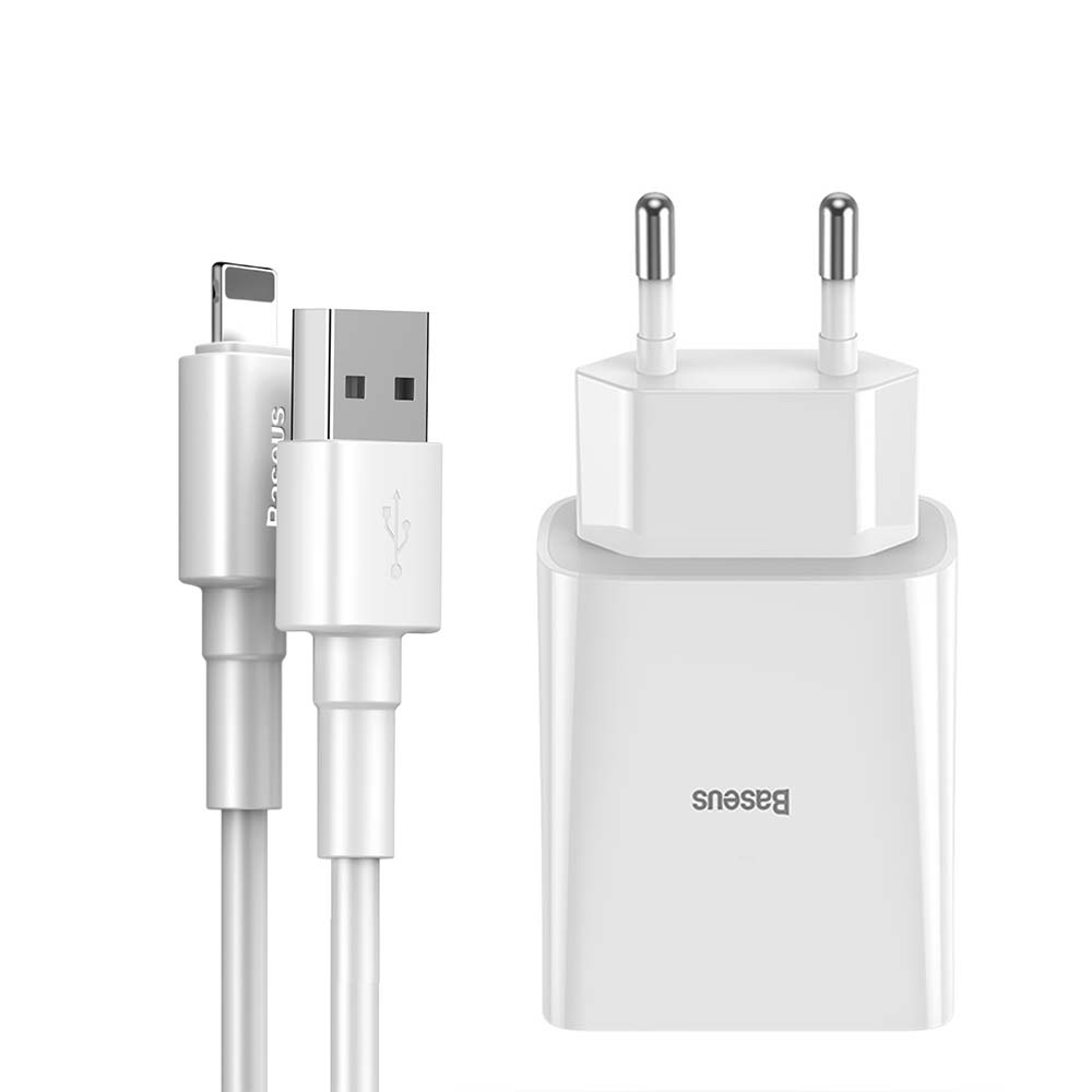 Baseus �adowarka sieciowa Mini Dual-U 2 x USB bia�a 2,1A + kabel USB - Lightning