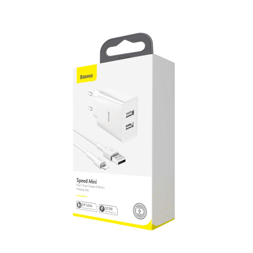 Baseus �adowarka sieciowa Mini Dual-U 2 x USB bia�a 2,1A + kabel USB - Lightning / 3