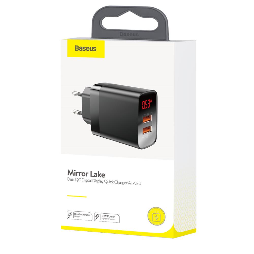 Baseus �adowarka sieciowa Mirror Lake 2USB QC 3.0 z wy�wietlaczem czarna 18W / 7