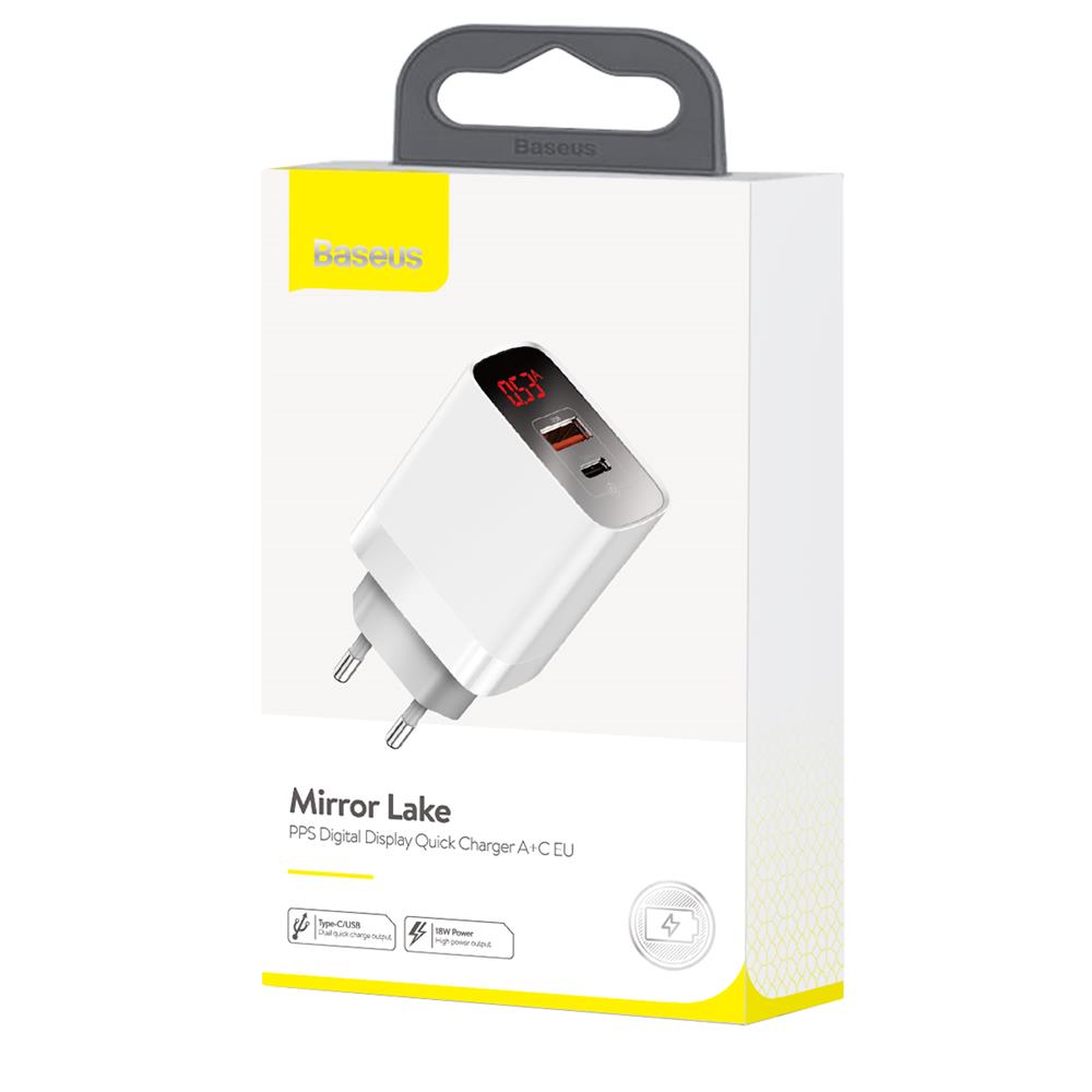 Baseus �adowarka sieciowa Mirror Lake 2USB QC 3.0/PD typ-C z wy�wietlaczem bia�a 18W / 7