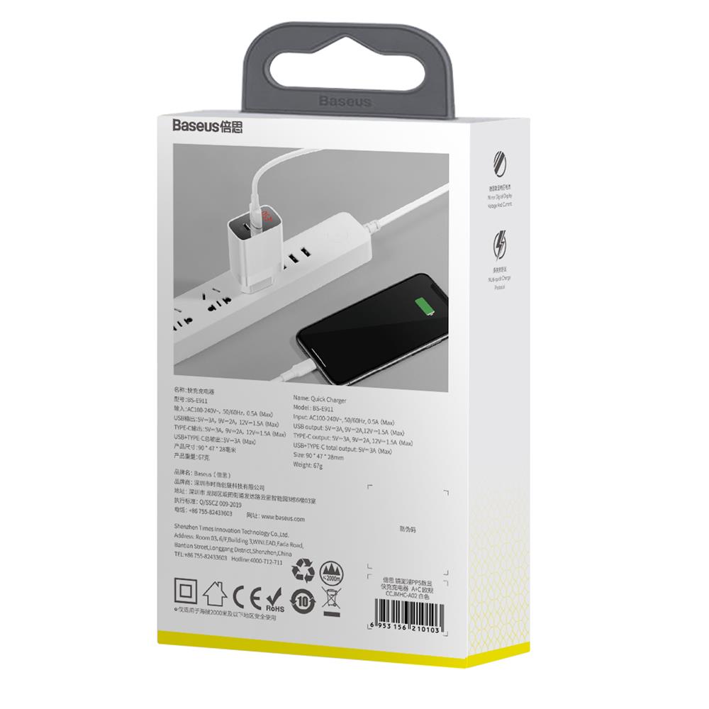 Baseus �adowarka sieciowa Mirror Lake 2USB QC 3.0/PD typ-C z wy�wietlaczem bia�a 18W / 8