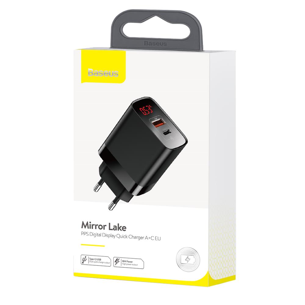 Baseus �adowarka sieciowa Mirror Lake 2USB QC 3.0/PD typ-C z wy�wietlaczem czarna 18W / 6