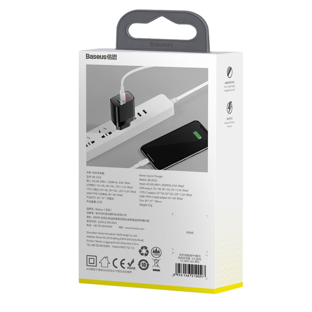 Baseus �adowarka sieciowa Mirror Lake 2USB QC 3.0/PD typ-C z wy�wietlaczem czarna 18W / 7