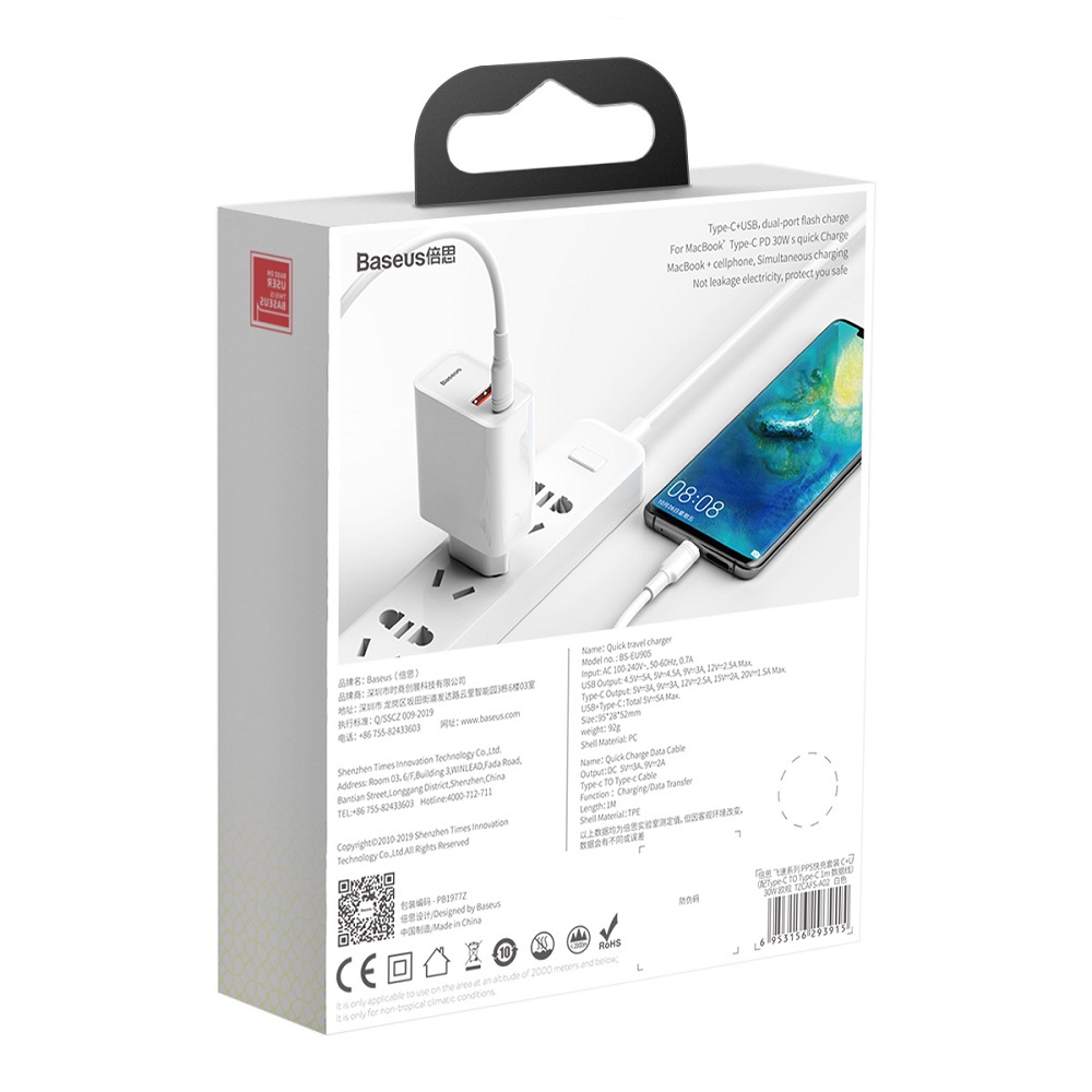 Baseus �adowarka sieciowa PPS QC USB + PD 30W bia�a z kablem typ-C / 8