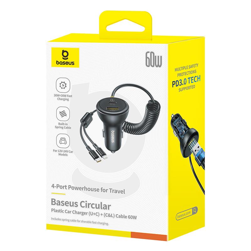 Baseus Okr�g�a plastikowa �adowarka samochodowa (U+C) + kabel C&L 60W Czarny / 7