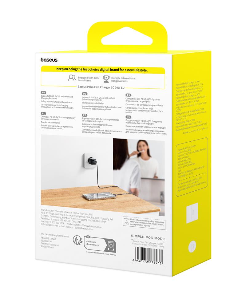 Baseus Palm Szybka �adowarka Sieciowa 20W 1�USB-C EU Czarny / 5