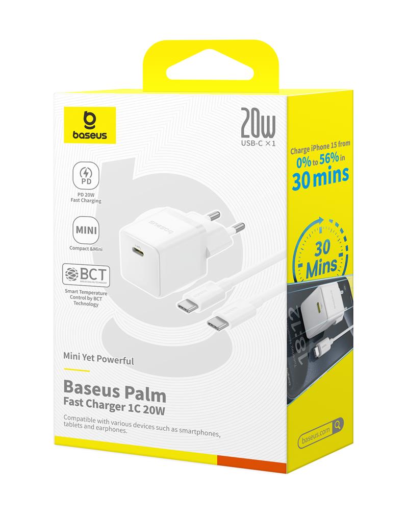 Baseus Palm Szybka �adowarka Sieciowa 20W 1�USB-C z kablem bia�y / 4