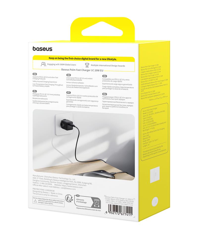 Baseus Palm Szybka �adowarka Sieciowa 20W 1�USB-C z kablem czarny / 5