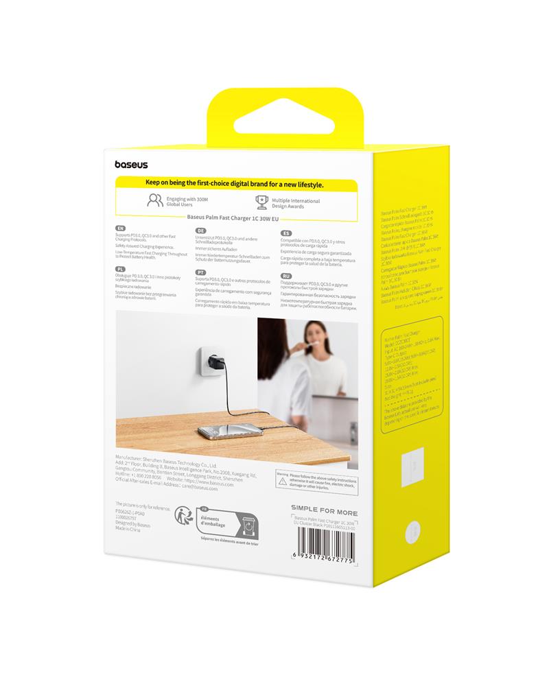 Baseus Palm Szybka �adowarka Sieciowa 30W 1�USB-C EU Czarny / 5