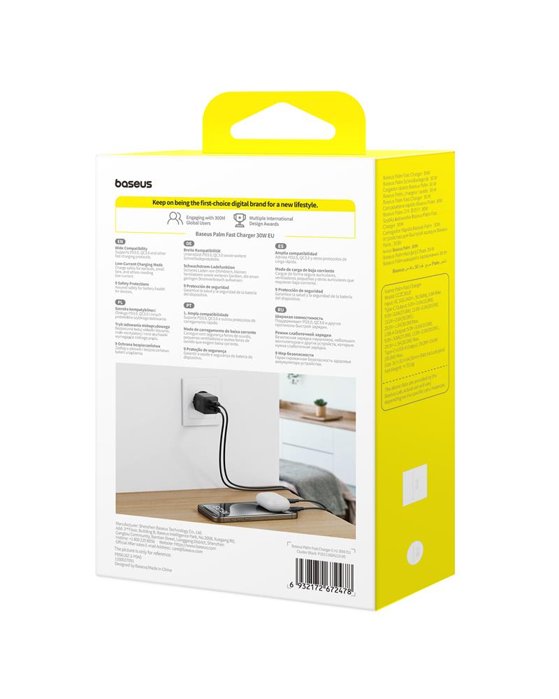 Baseus Palm Szybka �adowarka Sieciowa 30W USB-C USB-A EU Czarny / 5