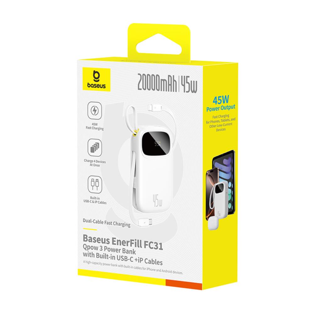 Baseus Powerbank EnerFill FC31 20000mAh 45W z wy�wietlaczem z kablami USB-C i Lightning bia�y / 3