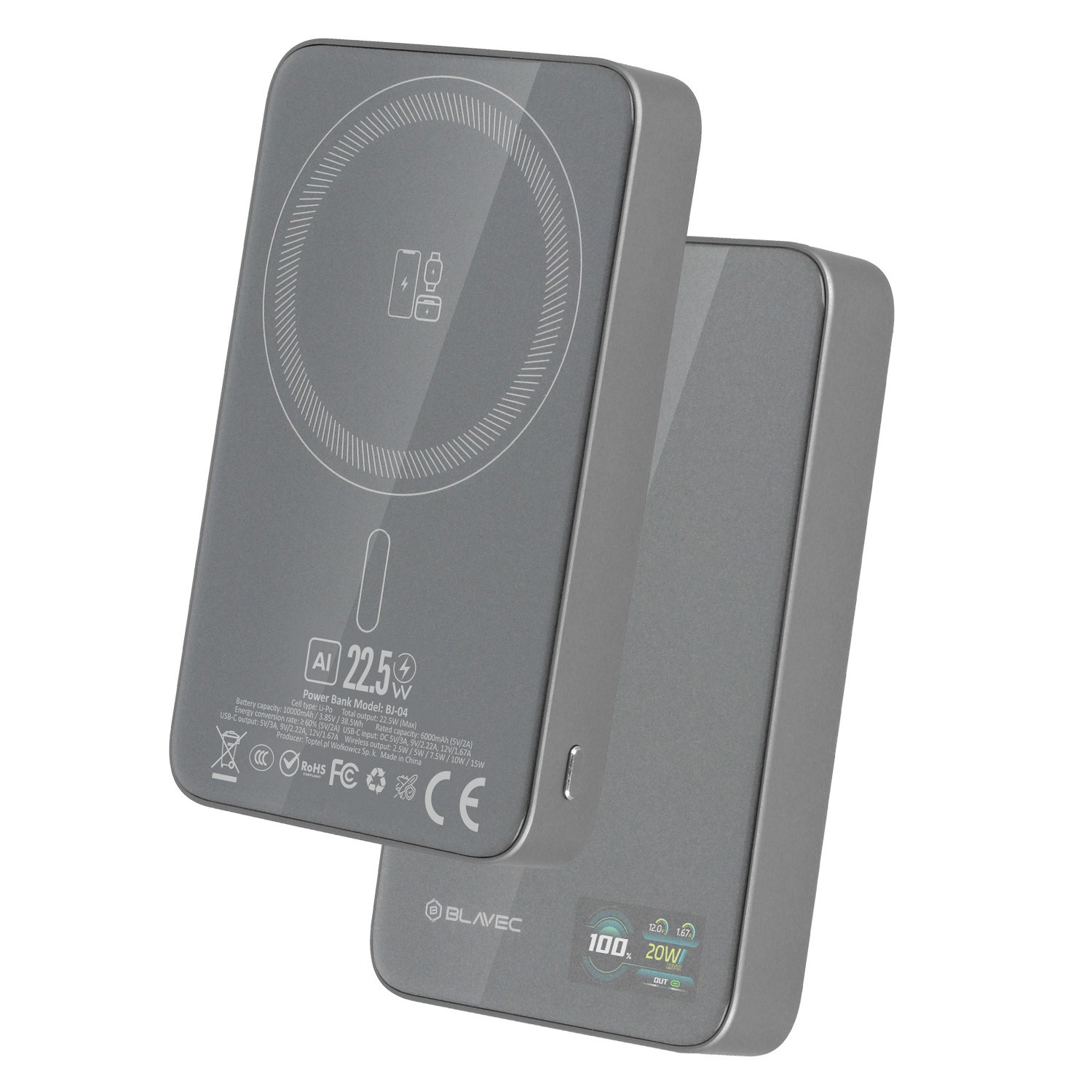 Blavec Power Bank 10000mAh 22,5W USB-C Magsafe szary